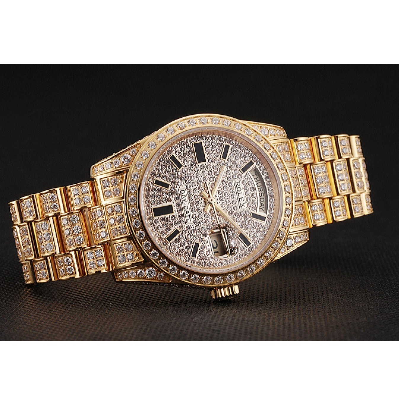 Aaa replica watch Day Gold Full Yellow Date Diamond Swiss Rolex Pave 0526